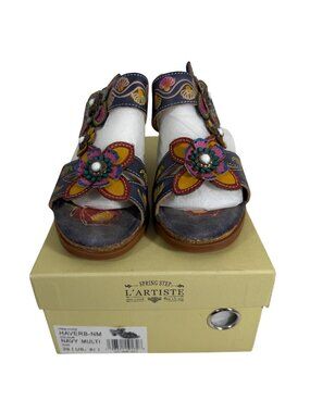 L'Artiste by Spring Step Haverb Platform Wedge Sandals Navy 3D Flowers SZ 39/8.5